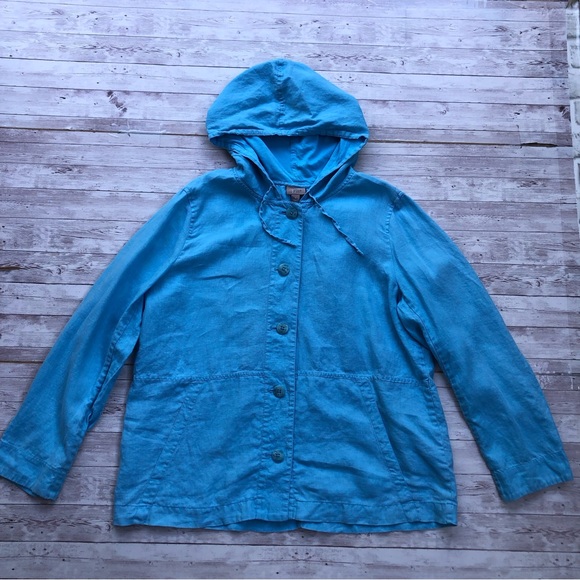 J Jill Womens 100% Linen Jacket Aqua Teal Hooded Pockets Lightweight Size Medium - Picture 2 of 11